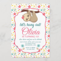 Sloth Flower Birthday Invitation Let's Hang Out!