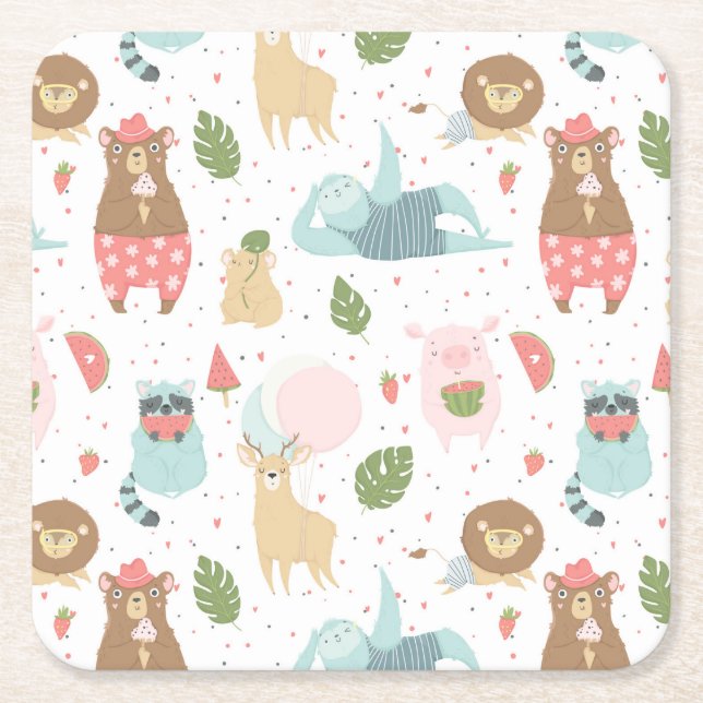 Sloth & Friends Pattern Square Paper Coaster (Front)
