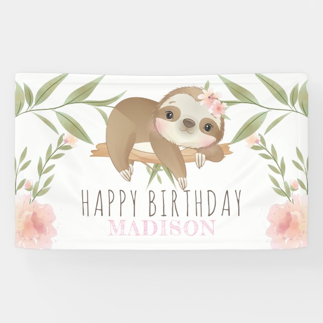 Sloth Girl Happy Birthday Personalized Banner (Horizontal)