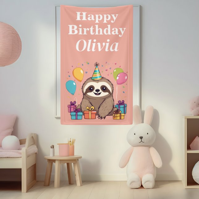 Sloth Girl Happy Birthday Pink Personalized Banner (Sloth birthday party banner in pink for your child's birthday party.)