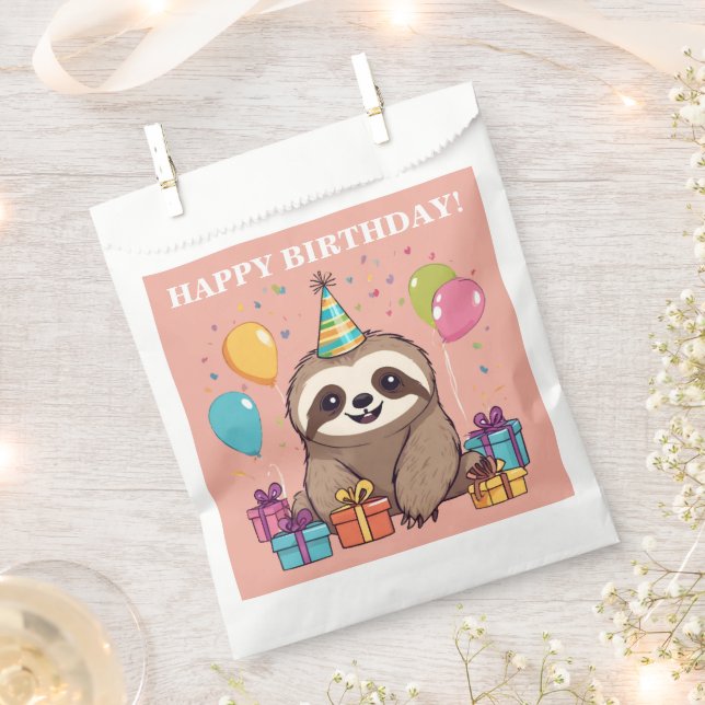 Sloth Girl Happy Birthday Pink Personalized Favour Bag (Clipped)