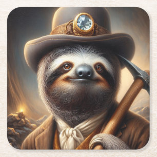Sloth Gold Miner Square Paper Coaster