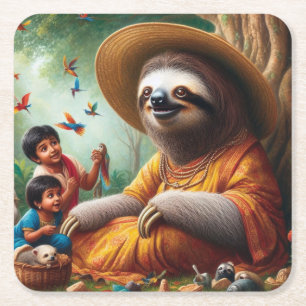 Sloth Grandma Square Paper Coaster