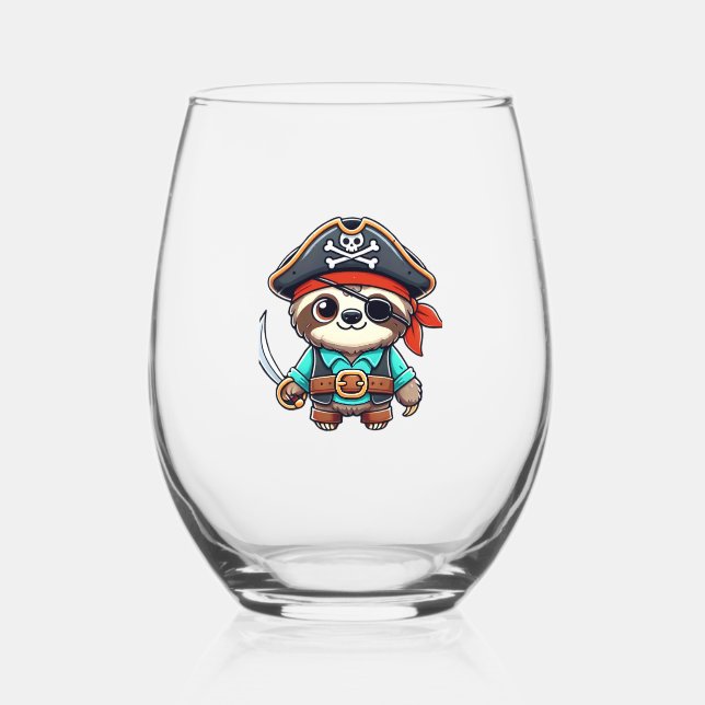 Sloth Halloween Pirate Kids Women Men Sloth Classi Stemless Wine Glass (Front)