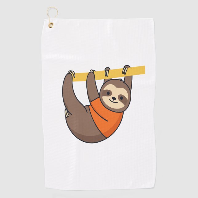 Sloth Hanging on Branch with Orange Golf Towel (Front)
