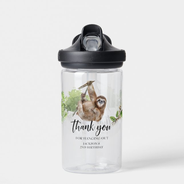 Sloth Hanging out Jungle Thank you Birthday Favour Water Bottle (Front)