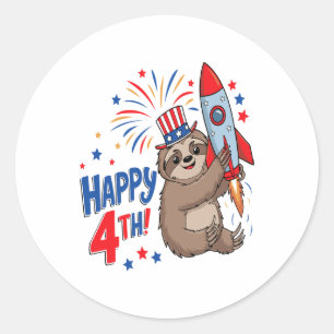 Sloth Happy 4th Rocket Fireworks USA Classic Round Sticker