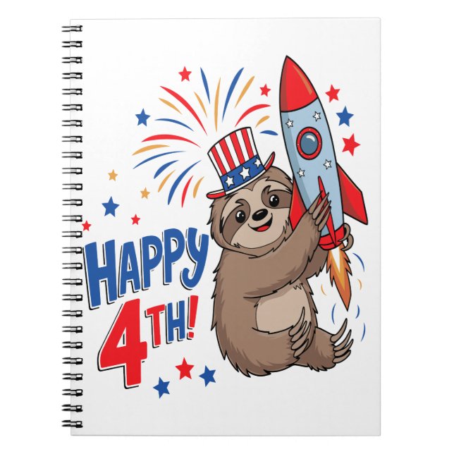Sloth Happy 4th Rocket Fireworks USA Notebook (Front)