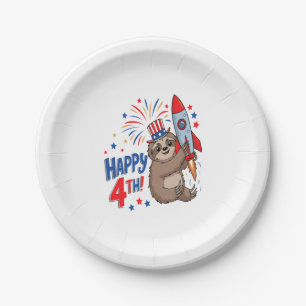 Sloth Happy 4th Rocket Fireworks USA Paper Plate