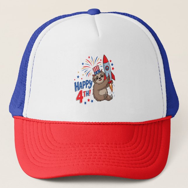 Sloth Happy 4th Rocket Fireworks USA Trucker Hat (Front)