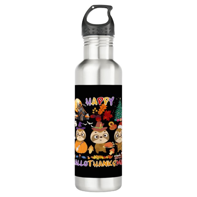 Sloth Happy Hallothanksmas Funny Halloween Thanksg 710 Ml Water Bottle (Front)