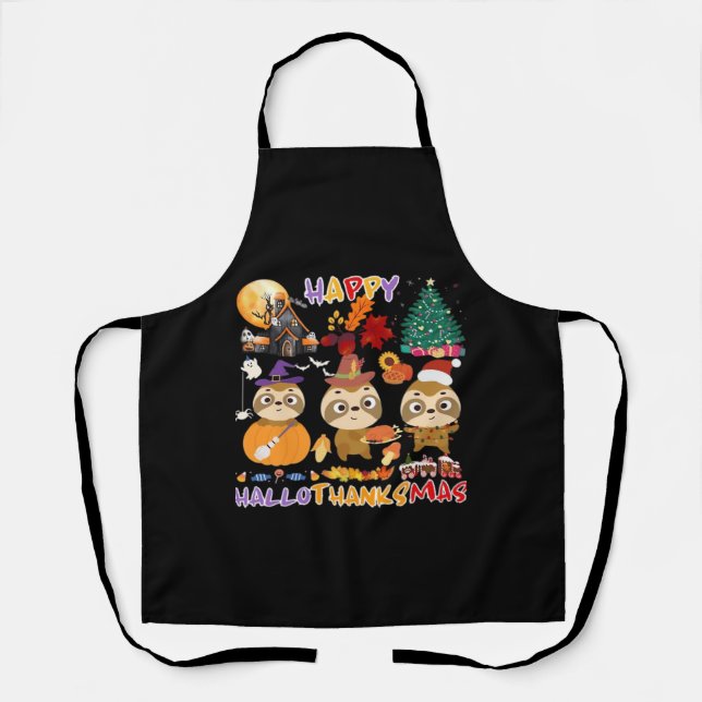 Sloth Happy Hallothanksmas Funny Halloween Thanksg Apron (Front)