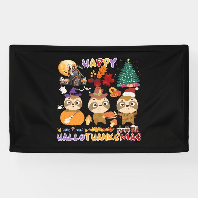 Sloth Happy Hallothanksmas Funny Halloween Thanksg Banner (Horizontal)