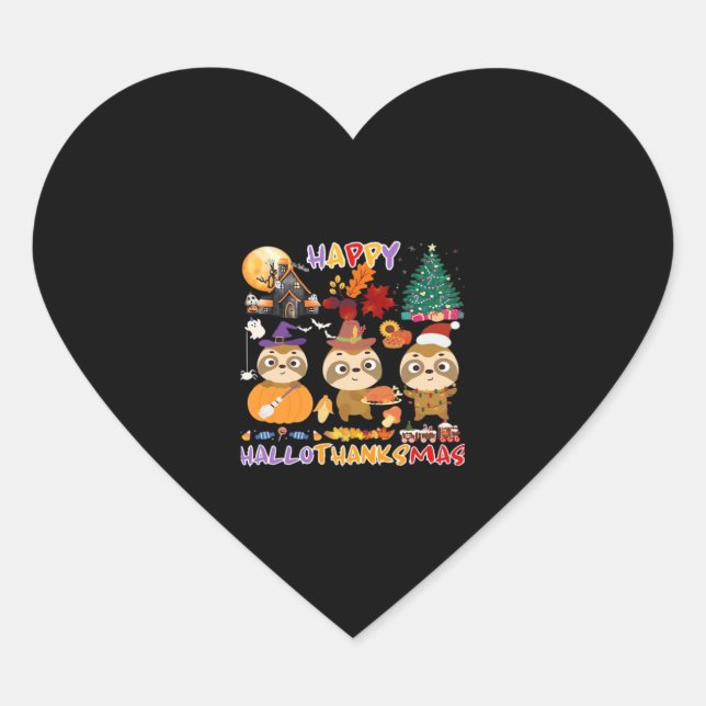 Sloth Happy Hallothanksmas Funny Halloween Thanksg Heart Sticker (Front)