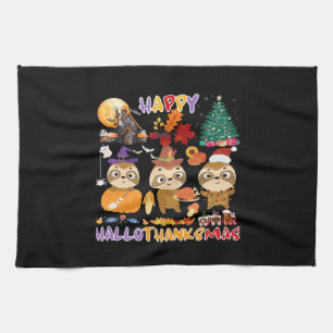 Sloth Happy Hallothanksmas Funny Halloween Thanksg Kitchen Towel