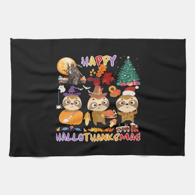 Sloth Happy Hallothanksmas Funny Halloween Thanksg Kitchen Towel (Horizontal)