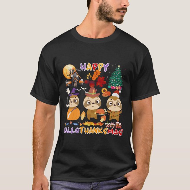 Sloth Happy Hallothanksmas Funny Halloween Thanksg T-Shirt (Front)