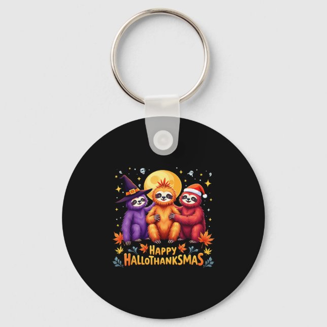Sloth Happy Hallothanksmas Halloween Thanksgiving  Keychain (Front)