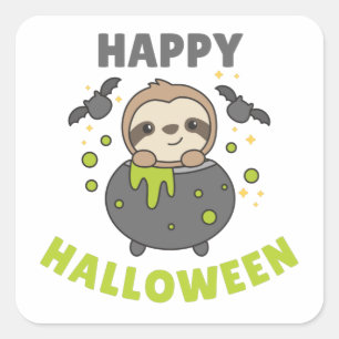 Sloth Happy Halloween Cauldron Bat Square Sticker