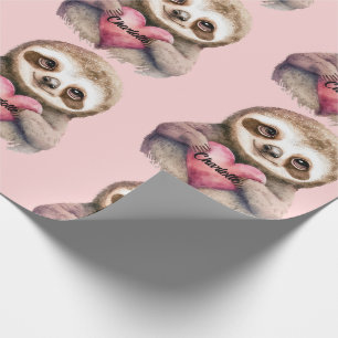 Sloth Heart & Big Eyes Watercolor Add Name Wrapping Paper