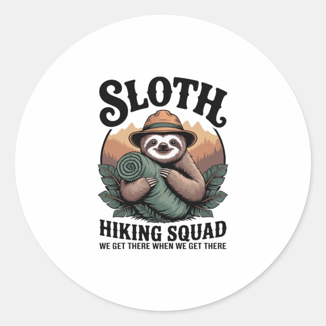 Sloth Hiking Squad Funny Camping Classic Round Sticker (Front)