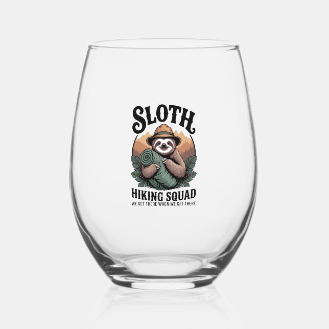 Sloth Hiking Squad Funny Camping Stemless Wine Glass (Front)