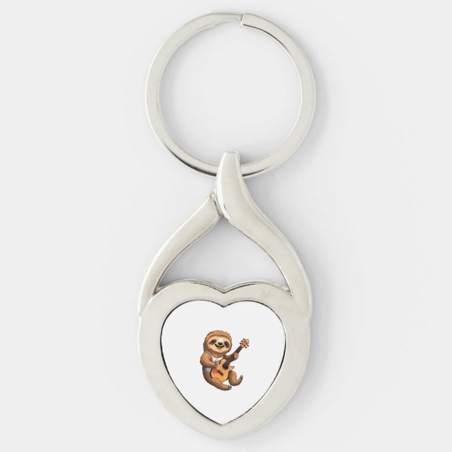 Sloth Holding Guitar Santa Hat Keychain (Front)
