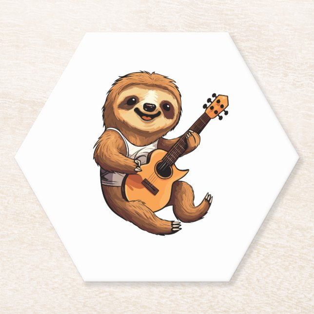 Sloth Holding Guitar Santa Hat Paper Coaster (Front)