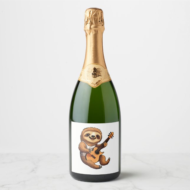Sloth Holding Guitar Santa Hat Sparkling Wine Label (Front)