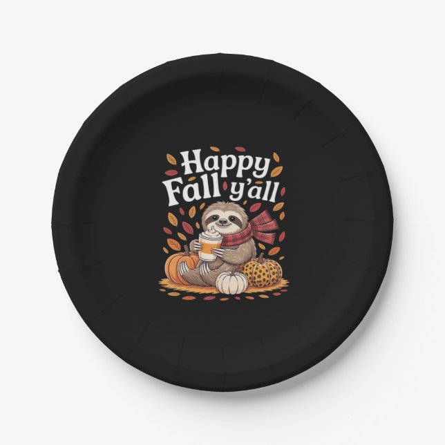 Sloth holding pumpkin spice happy Fall Yall autumn Paper Plate (Front)