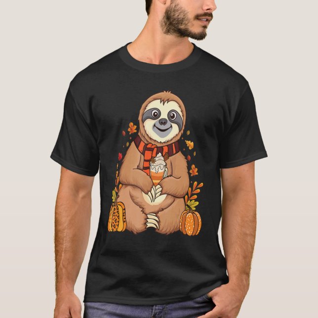 Sloth holding pumpkin spice happy Fall Yall autumn T-Shirt (Front)
