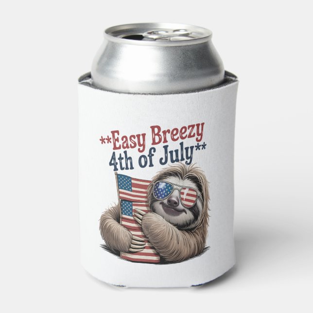Sloth Hugging Flag 4th of July Can Cooler (Can Front)