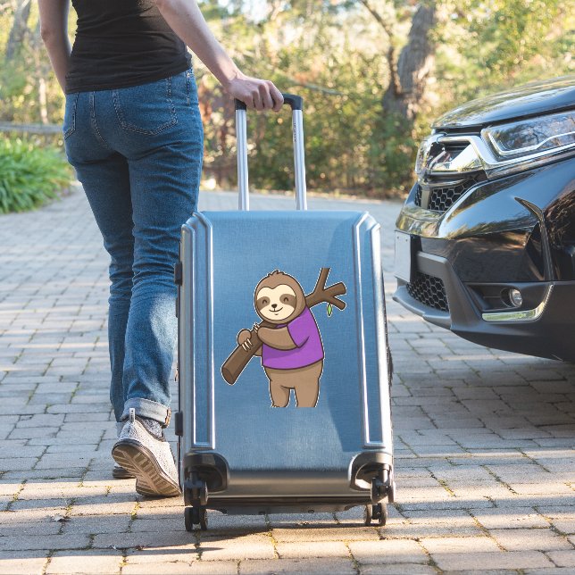Sloth Hugging Tree Branch Wearing Purple (Suitcase Insitu)