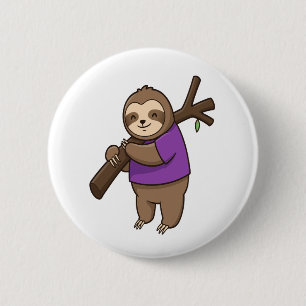 Sloth Hugging Tree Branch Wearing Purple 2 Inch Round Button