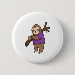 Sloth Hugging Tree Branch Wearing Purple 2 Inch Round Button