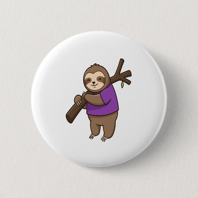 Sloth Hugging Tree Branch Wearing Purple 2 Inch Round Button (Front)