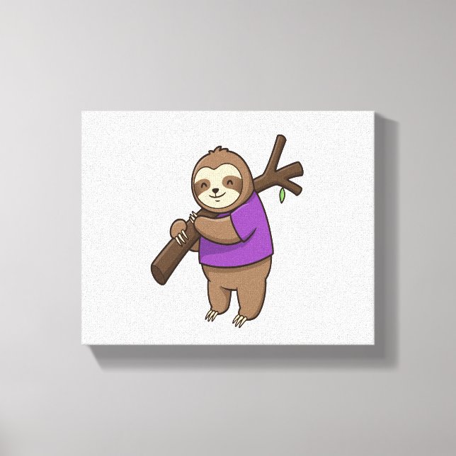 Sloth Hugging Tree Branch Wearing Purple Canvas Print (Front)
