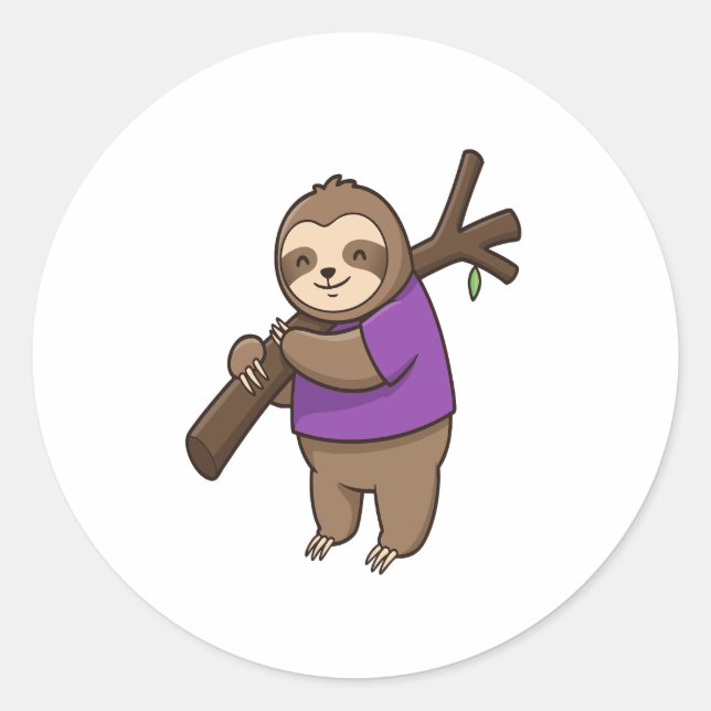 Sloth Hugging Tree Branch Wearing Purple Classic Round Sticker (Front)
