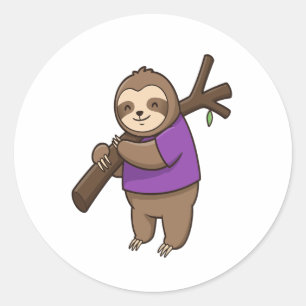 Sloth Hugging Tree Branch Wearing Purple Classic Round Sticker