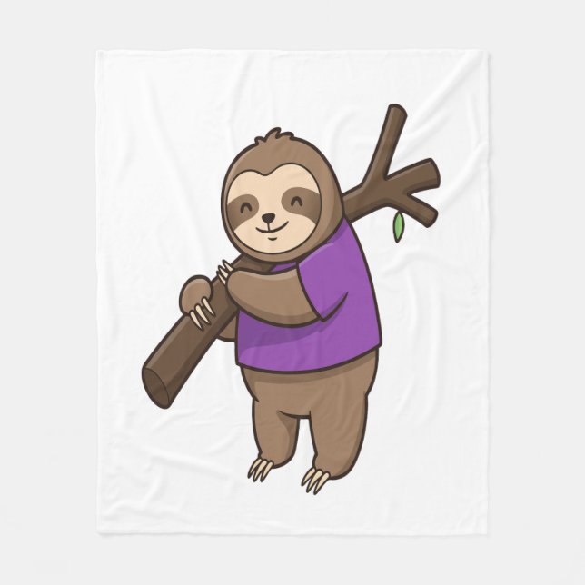 Sloth Hugging Tree Branch Wearing Purple Fleece Blanket (Front)