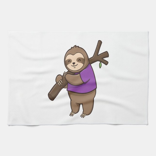 Sloth Hugging Tree Branch Wearing Purple Kitchen Towel (Horizontal)