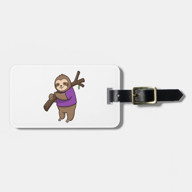 Sloth Hugging Tree Branch Wearing Purple Luggage Tag (Front Horizontal)