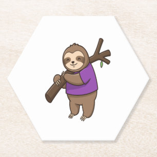 Sloth Hugging Tree Branch Wearing Purple Paper Coaster