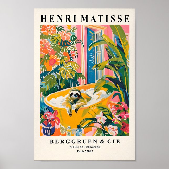 Sloth In Bathtub Art Print, Matisse Print, Bathroo Poster (Front)