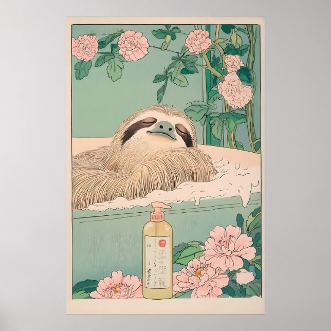 Sloth in Bathtub Ukiyo-e Print Japandi Bathroom (Front)