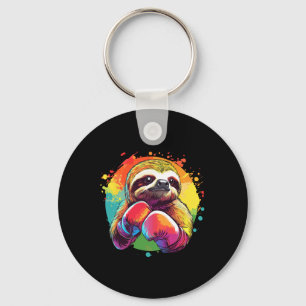 Sloth In Boxing Gloves Rainbow Background Keychain