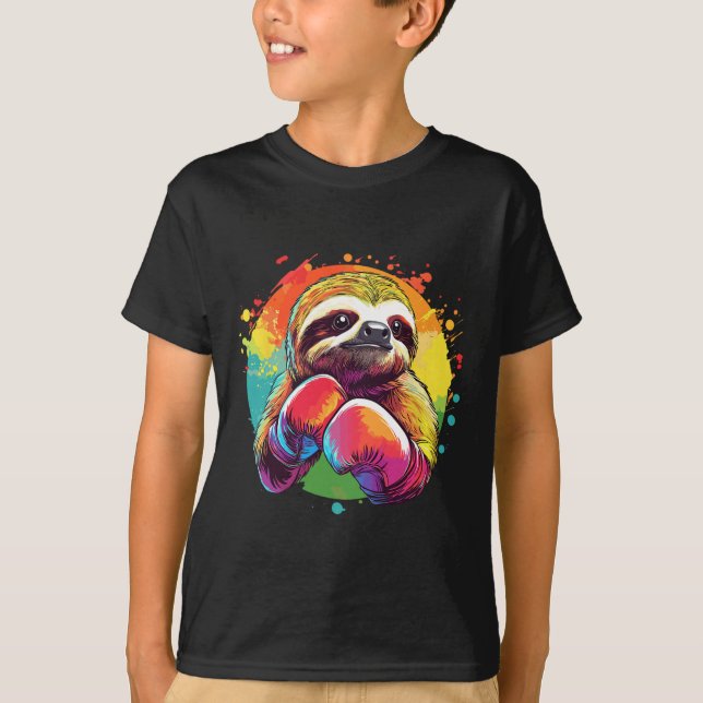 Sloth In Boxing Gloves Rainbow Background  T-Shirt (Front)