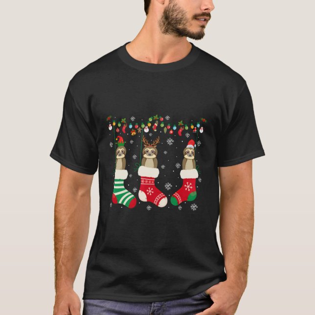 Sloth In Christmas Socks Santa Hat Lights Sweater  (Front)