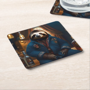 Sloth In His Drinking Jacket, Square Paper Coaster