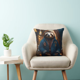 Sloth In His Drinking Jacket, Throw Pillow